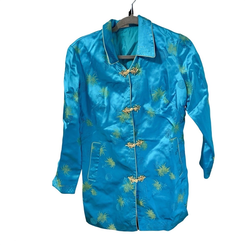 Vintage Asian Bed Lounge Silk Jacket‎ Size S Women's Blue and Gold